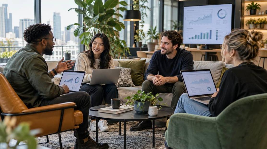 Editors discussing StonkFun ecosystem research around a table