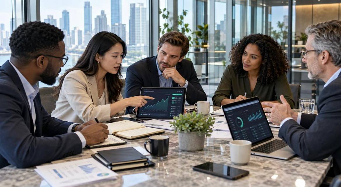 Market analysts reviewing a digital asset dashboard