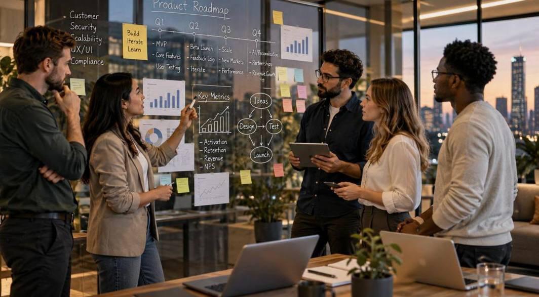 Product team discussing a launchpad roadmap and key metrics