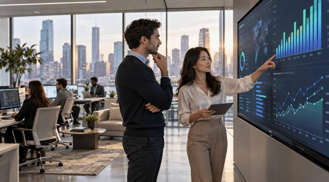 Analysts examining revenue and market activity charts